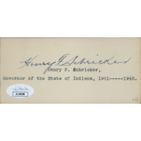 Henry Schricker Indiana Governor Signed 2.25x5 Index Card JSA Authenticated Henry Schricker Indiana Governor Signed 2.25x5 Index Card JSA Authenticated