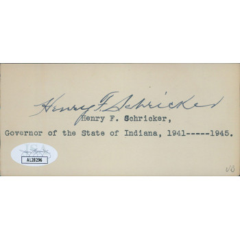 Henry Schricker Indiana Governor Signed 2.25x5 Index Card JSA Authenticated