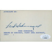 Fred Schwengel Iowa Congressmen Signed 3x5 Index Card JSA Authenticated Fred Schwengel Iowa Congressmen Signed 3x5 Index Card JSA Authenticated