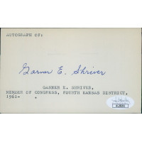 Garner Shriver Kansas Congressmen Senator Signed 3x5 Index Card JSA Authentic Garner Shriver Kansas Congressmen Senator Signed 3x5 Index Card JSA Authentic