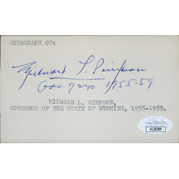 Milward Simpson Wyoming Governor Senator Signed 3x5 Index Card JSA Authenticated