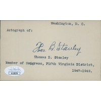 Thomas Stanley Virginia Governor Signed 3x5 Index Card JSA Authenticated Thomas Stanley Virginia Governor Signed 3x5 Index Card JSA Authenticated