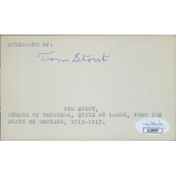Tom Stout Montana Congressman Signed 3x5 Index Card JSA Authenticated