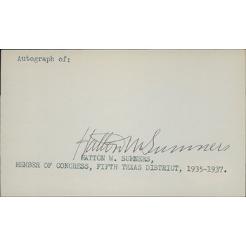 Hatton Sumners Texas Congressman Signed 3x5 Index Card JSA Authenticated