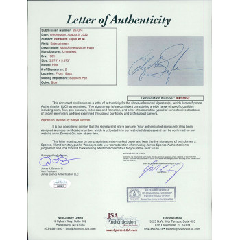 Elizabeth Taylor Actress Signed 4x5.25 Album Page JSA Authenticated Elizabeth Taylor Actress Signed 4x5.25 Album Page JSA Authenticated