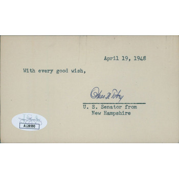 Charles Tobey New Hampshire Governor Senator Signed 3x5 Index Card JSA Authentic