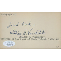 William H. Vanderbilt Rhode Island Governor Signed 3x5 Index Card JSA Authentic William H. Vanderbilt Rhode Island Governor Signed 3x5 Index Card JSA Authentic