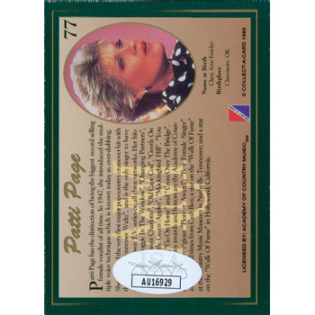 Patti Page Signed 1992 Collect-A-Card Country Classics Card #77 JSA Authentic Patti Page Signed 1992 Collect-A-Card Country Classics Card #77 JSA Authentic