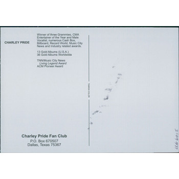 Charley Pride Western Singer Signed 4x6 Postcard JSA Authenticated