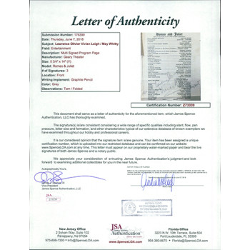 Romeo & Juliet Laurence Olivier Vivien Leigh May Whitty Signed Page JSA Authen Romeo & Juliet Laurence Olivier Vivien Leigh May Whitty Signed Page JSA Authen