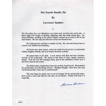 Lawrence Sanders The Fourth Deadly Sin Signed Souvenir Typescript JSA Auth.