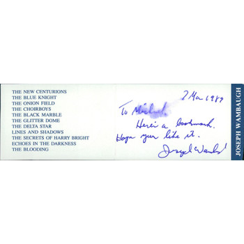 Joseph Wambaugh Police Writer Signed Folded Bookmark JSA Authenticated Joseph Wambaugh Police Writer Signed Folded Bookmark JSA Authenticated