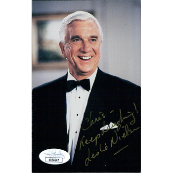 Leslie Nielsen Actor Signed 3.5x5.5 Postcard Photo JSA Authenticated