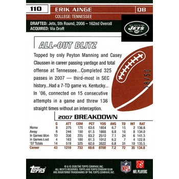 Erik Ainge New York Jets Signed 2008 Topps Stadium Club Card #110 28/50