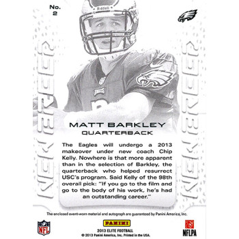 Matt Barkley Eagles Signed 2013 Panini Elite New Breed Rookie Jersey Card #2 /99