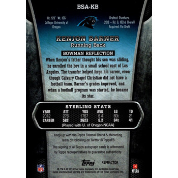 Kenjon Barner Panthers Signed 2013 Bowman Sterling Refractor Card #BSA-KB /99