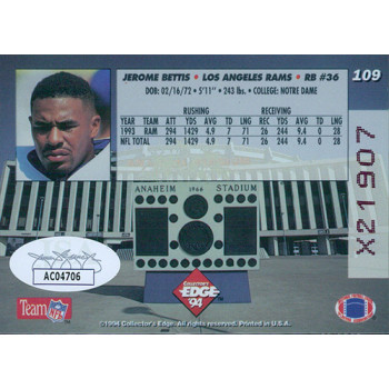 Jerome Bettis LA Rams Signed 1994 Collectors Edge Card #109 JSA Authenticated Jerome Bettis LA Rams Signed 1994 Collectors Edge Card #109 JSA Authenticated