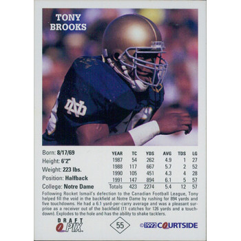 Tony Brooks Notre Dame Fighting Irish 1992 Courtside Draft Pix Signed Card #55