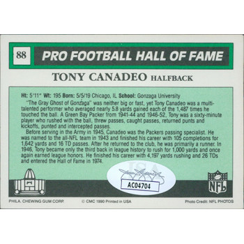 Tony Canadeo Green Bay Packers Signed 1990 Swell HOF Football Card #88 JSA Auth Tony Canadeo Green Bay Packers Signed 1990 Swell HOF Football Card #88 JSA Auth