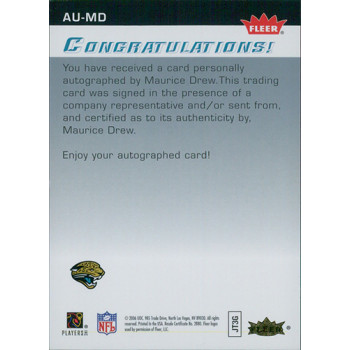 Maurice Drew Signed 2006 Fleer Autographics Football Card #AU-MD