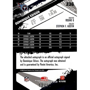 Dominique Edison Titans Signed 2009 Score Inscriptions Red Zone Card #336 13/30