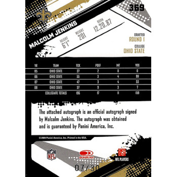 Malcolm Jenkins Saints Signed 2009 Score Inscription Red Zone Card #369 7/30