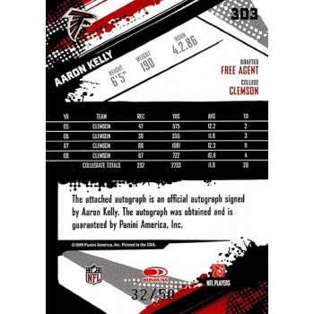 Aaron Kelly Falcons Signed 2009 Score Inscription Gold Zone Card #303 32/50