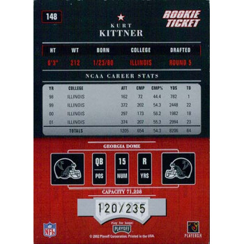 Kurt Kittner Falcons Signed 2002 Playoff Contenders Rookie ticket Card #148 /235