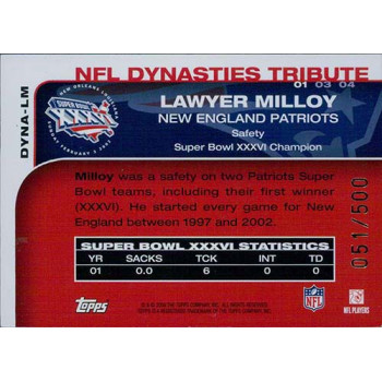 Lawyer Milloy Patriots Signed 2008 Topps NFL Dynasties Card #DYNA-LM /500
