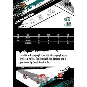 Reggie Nelson Jaguars Signed 2009 Score Inscription Gold Zone Card #140 25/50