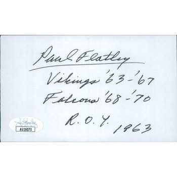 Paul Flatley Vikings Falcons Signed 3x5 Index Card JSA Authenticated