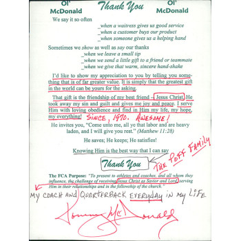 Tommy McDonald Philadelphia Eagles Signed Thank You Card JSA Authenticated