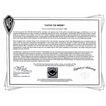 Joe Montana Signed Catch The Birdie Animation Cel 750 Upper Deck Authenticated Joe Montana Signed Catch The Birdie Animation Cel 750 Upper Deck Authenticated