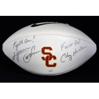 USC Trojans Lynn Swann Clay Helton Signed White Panel Football JSA Authenticated