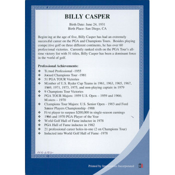 Billy Casper PGA Golfer Signed 5x7 Cardstock Promo Photo JSA Authenticated Billy Casper PGA Golfer Signed 5x7 Cardstock Promo Photo JSA Authenticated