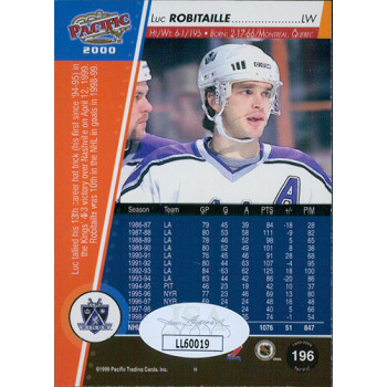 Luc Robitaille Los Angeles Kings Signed 1999 Pacific Trading Card JSA Authentic