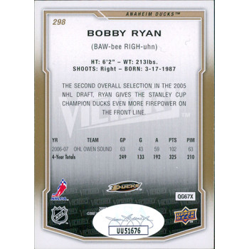 Bobby Ryan Anaheim Ducks Signed 2007-08 UD Victory Card #298 JSA Authenticated
