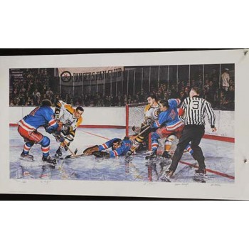 In The Slot Vic Hadfield, Ed Giacomin & John Bucyk Signed Lithograph JSA Authen