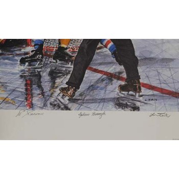 In The Slot Vic Hadfield, Ed Giacomin & John Bucyk Signed Lithograph JSA Authen