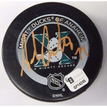 Adam Oates Signed Mighty Ducks Of Anaheim Official Game Hockey Puck Global Authenticated