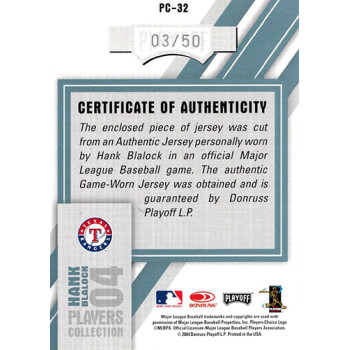 Hank Blalock Rangers 2004 Playoff Honors Players Collection Card #PC-32 /50