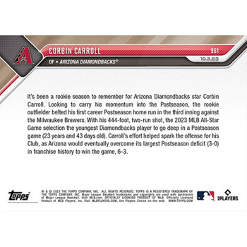Corbin Carroll 2023 MLB TOPPS NOW Youngest DBacks To Hit HR Postseason Card #961