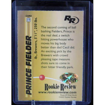 Prince Fielder Milwaukee Brewers Premiere 2002 Rookie Review Card #10 /99