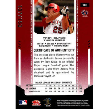 Troy Glaus Anaheim Angels 2004 Leaf Certified Materials Red Jrsy Card #185 /150