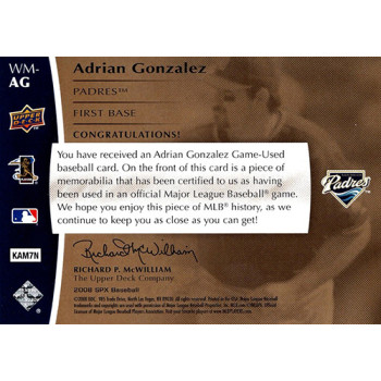 Adrian Gonzalez San Diego Padres 2008 SPX Winning Materials Card #WM-AG /125
