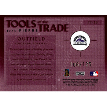 Juan Pierre 2002 Playoff Absolute Tools of The Trade Materials Card #TT-59 /125 Juan Pierre 2002 Playoff Absolute Tools of The Trade Materials Card #TT-59 /125