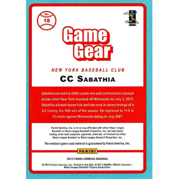 CC Sabathia New York Yankees 2014 Donruss Game Gear Material Card #18