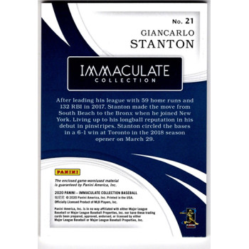 Giancarlo Stanton Yankees 2020 Panini Immaculate Collection Relics Card #21 /99
