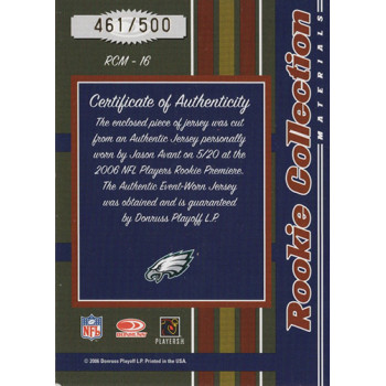 Jason Avant 2006 Donruss Threads Rookie Collection Materials Card #RCM-16 /500