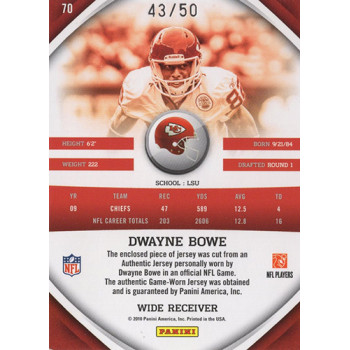 Dwayne Bowe Chiefs 2010 Panini Gridiron Gear Materials Prime Card #70 /50